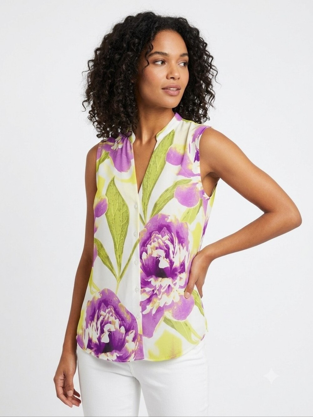 Worthington Sleeveless Blouse - Purple and Green Floral - Picture 1 of 7